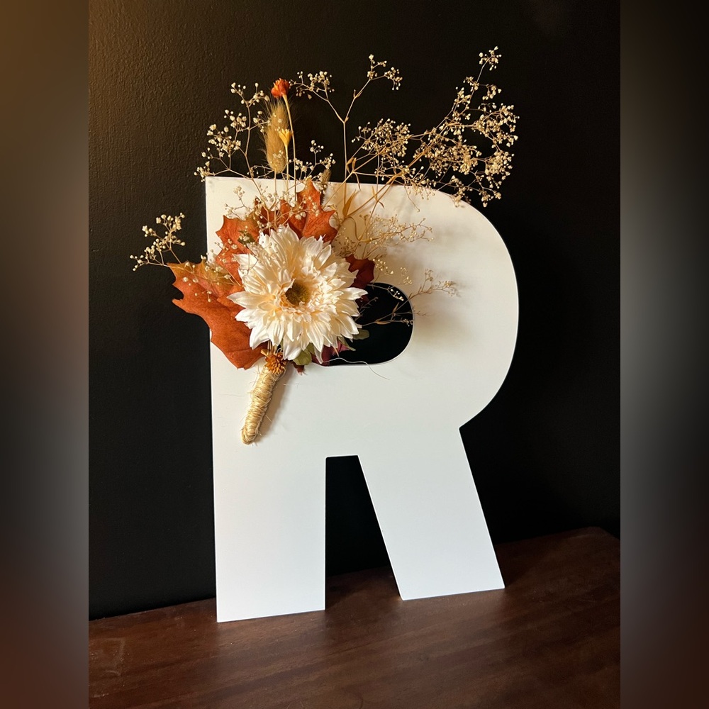 Wooden letter “R” with fall floral accent